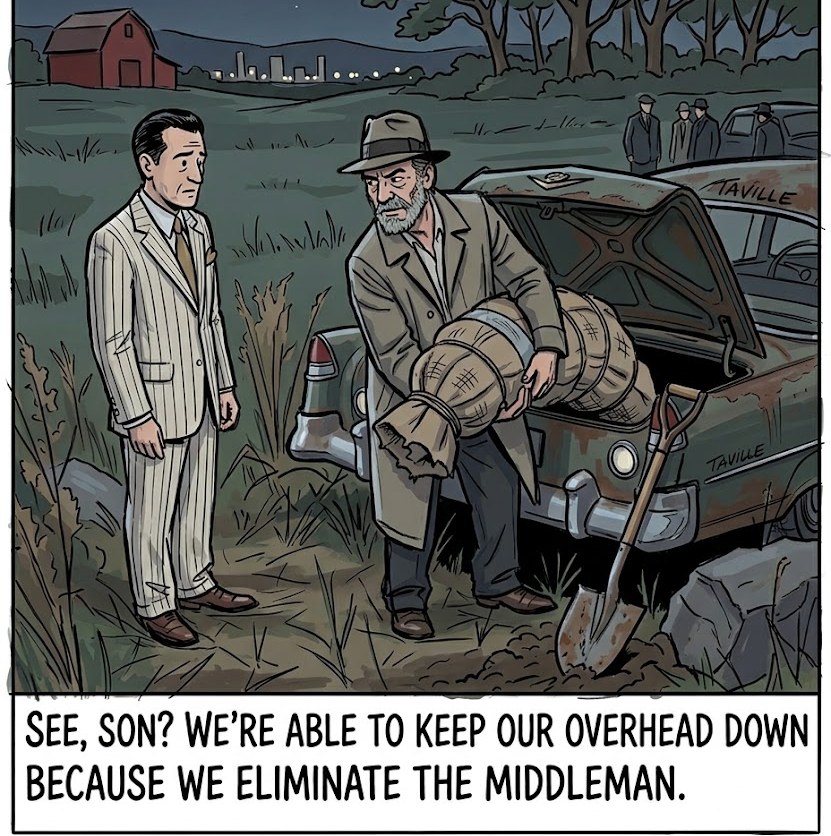 Cartoon: two men in a field at night beside an old car, one carrying a wrapped bundle. Caption: 'See, son? We're able to keep our overhead down because we eliminate the middleman.'